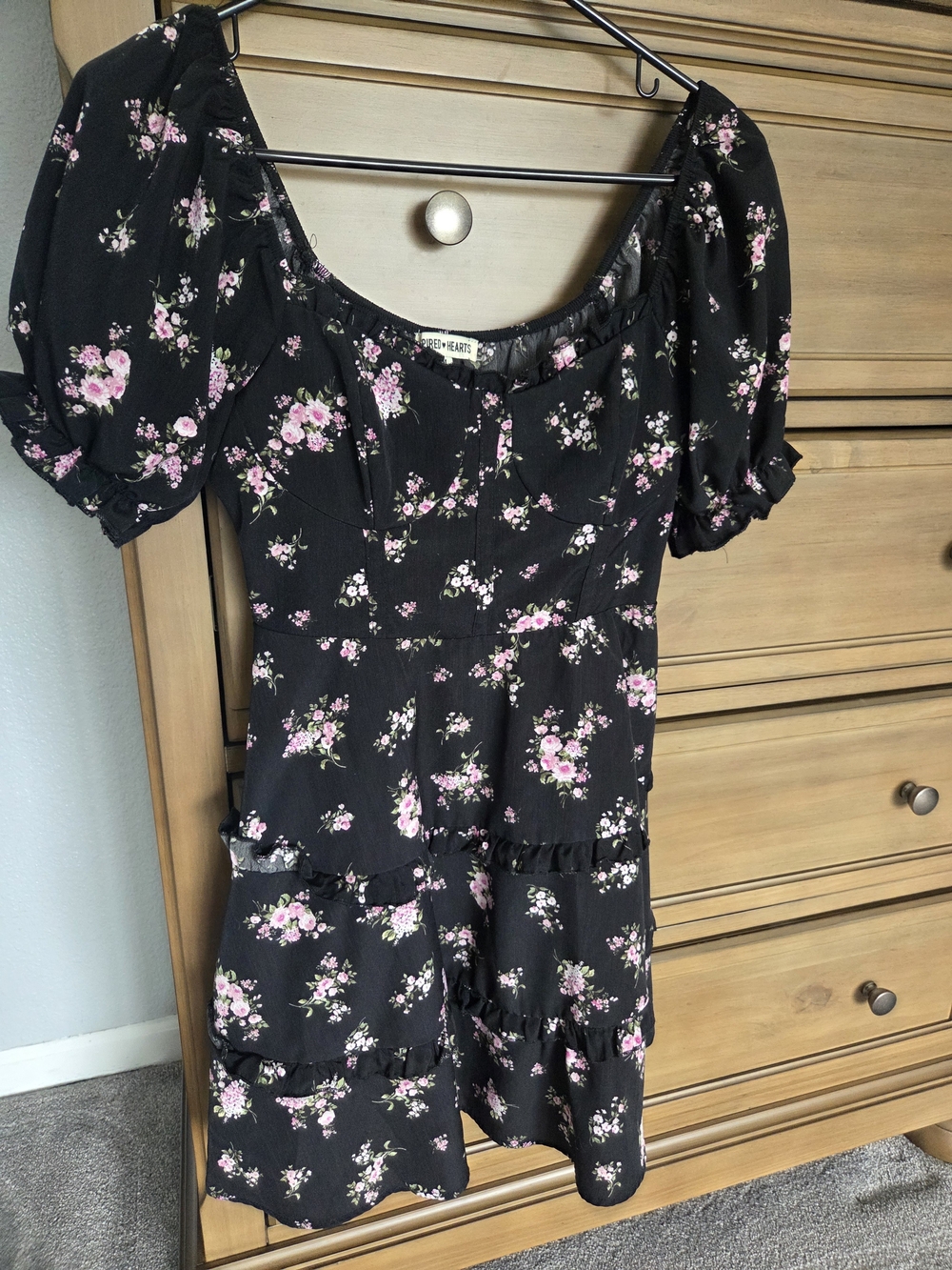 Inspired Hearts Black Mini Dress with Pink Floral Print